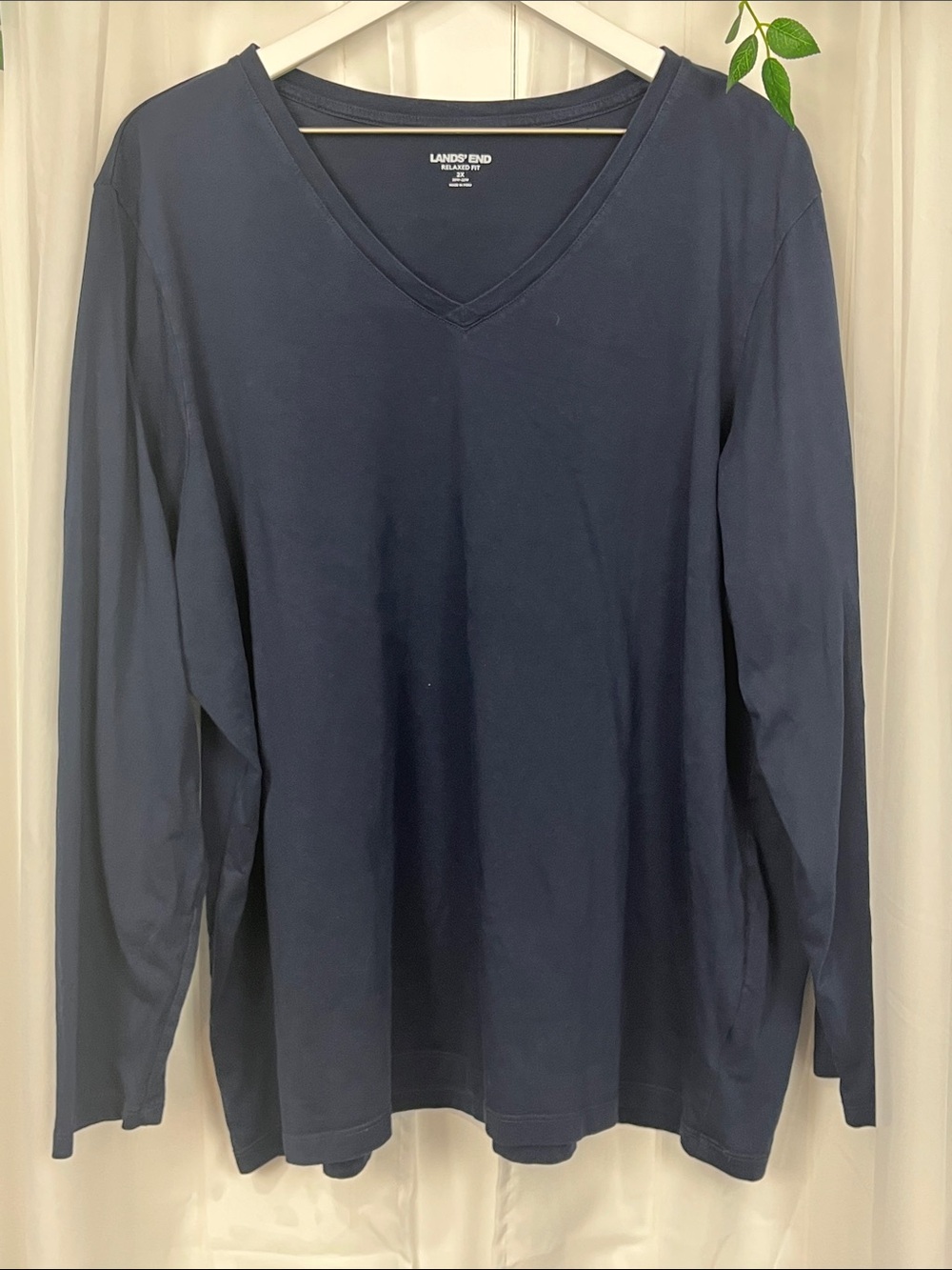 Lands’ End Relaxed Fit Tee 2X Navy Long Sleeves Pullover 100% Cotton Comfy EUC
